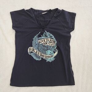 Harley Davidson Black Cap Sleeve Graphic Print Tee Shirt | Women's Size Large